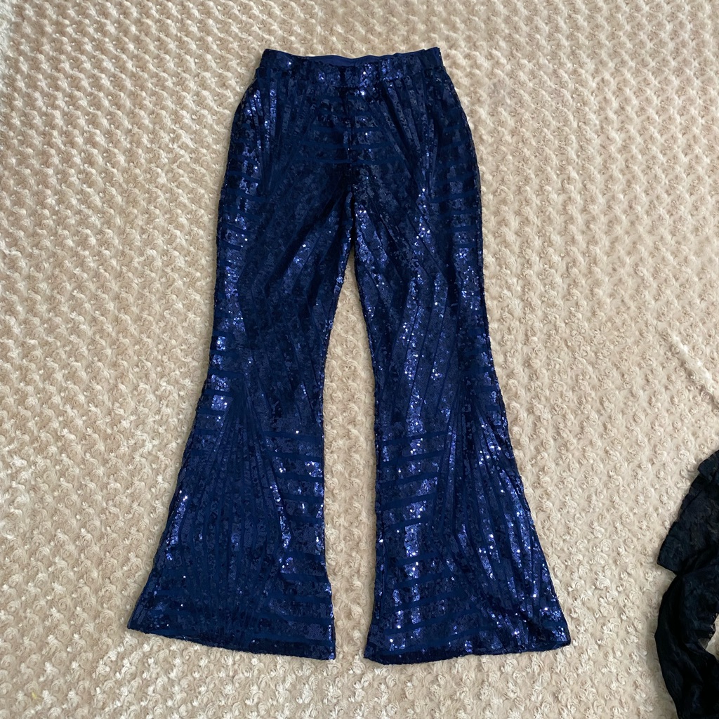 New Women Large Navy Blue Sequin Flare Pants